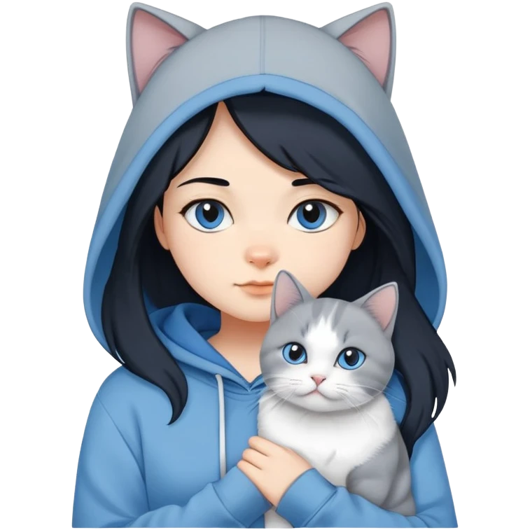 Girl with black hair in gray hoodie with a British shorthair blue and white cat and a long-haired blue and white cat emoji