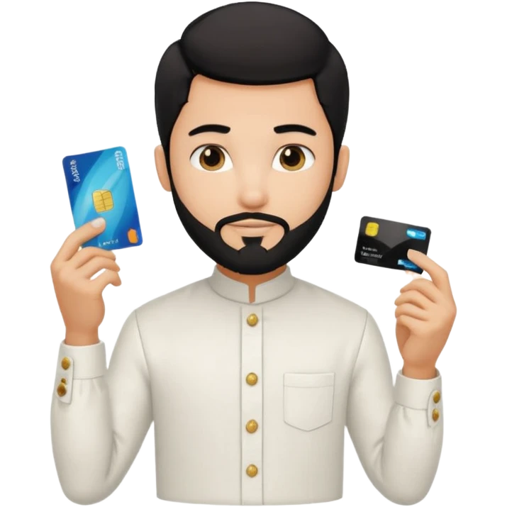 generate a pretty bratz boy wearing a white linen mandarin collar shirt with an amex card in hand. bearded black hair emoji