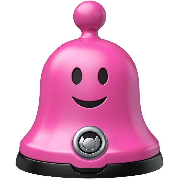 pink call bell with black base and silver push knob on top and with smiley face on it emoji