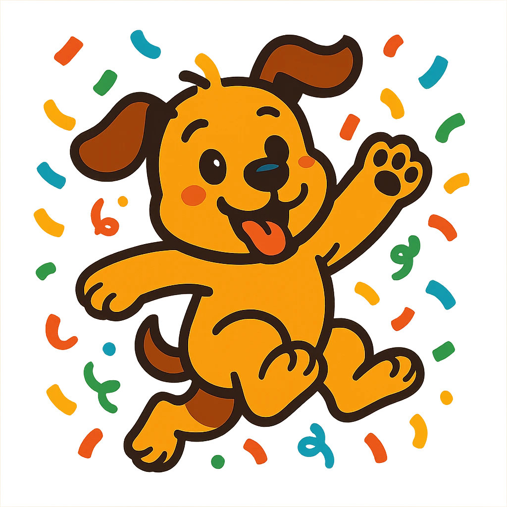 puppy jumping in confetti with paw up, vibrant-toon style emoji