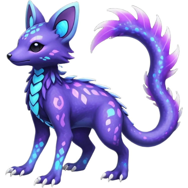Rare realistic purple indigo violet nebulae shiny sparkly dark-neon glowing bioluminescent edgy badass epic pretty beautiful handsome gorgeous aesthetic colorful vibrant Vernid-Trico-species-Fakemon-creature by LiLaiRa, 4 legs, 1 tail, random markings, (full body) emoji