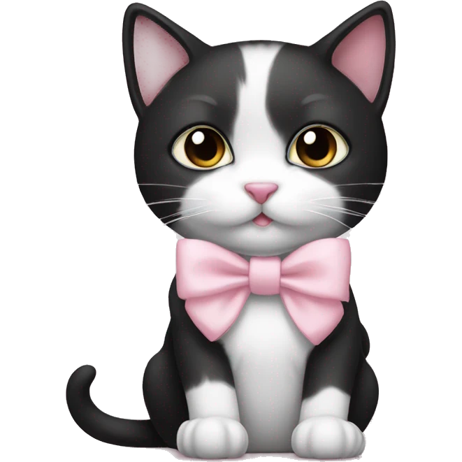 Cute black and white cat with a light pink bow emoji