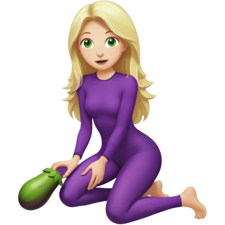 Naked woman tits out long blonde hair green eyes full body skinny legs no clothing kneeling eggplant in mouth emoji