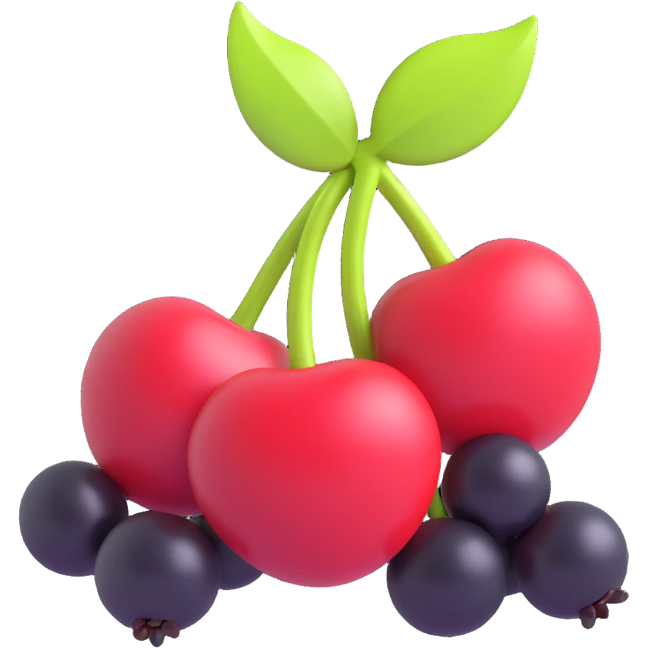 Make the cherry antipy as volumetric as possible, add expressive lighting and shading, change the color of the berries to black, in a modern 3D iOS style with a clean background. emoji