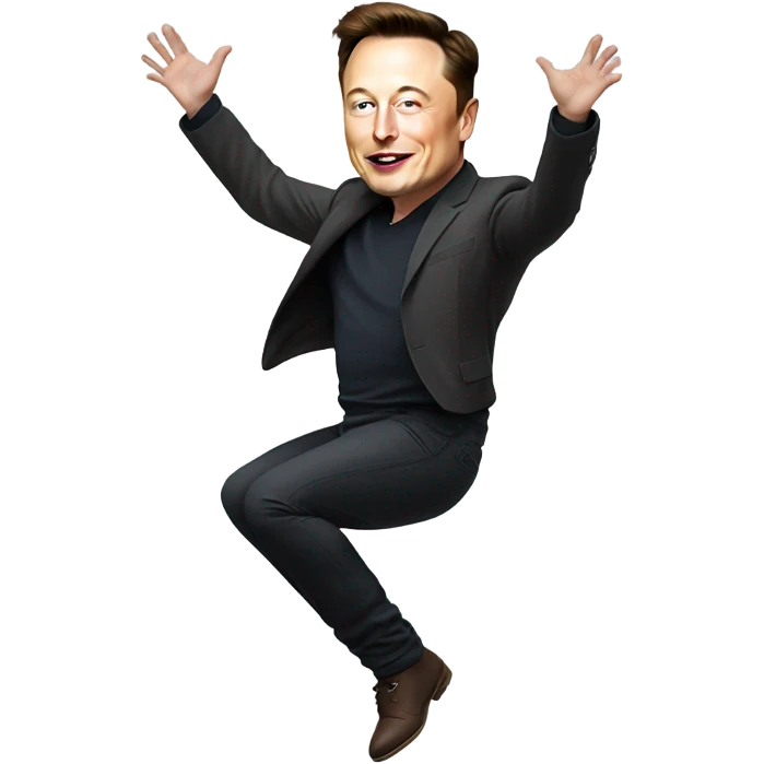 Elon musk, full body, bloated belly, rubbing it WHILE jumping high emoji