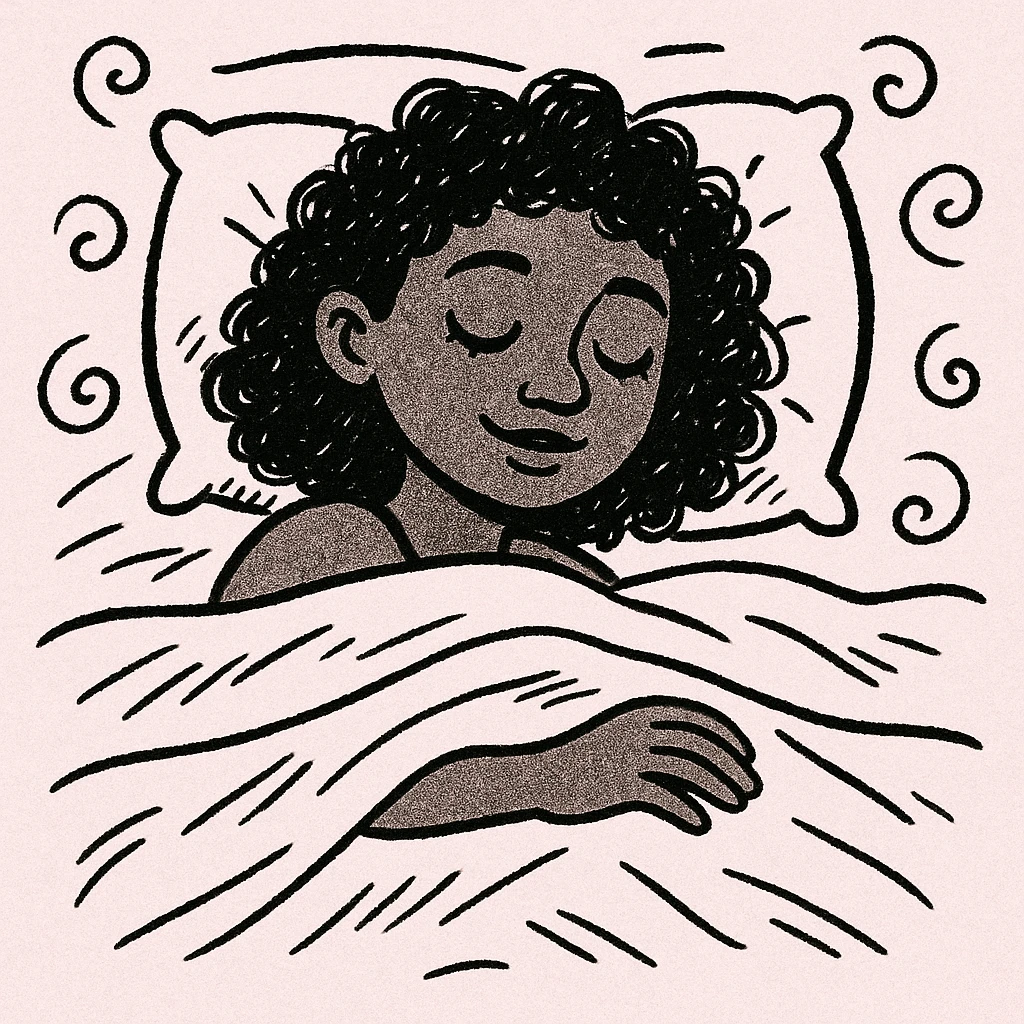 dark skin girl sleeping under pink covers, black doodle style emoji