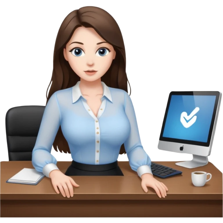 sexy woman brunette, very large breasts, pale skin, blue eyes, long brown hair, tight white blouse, short black skirt. at desk emoji