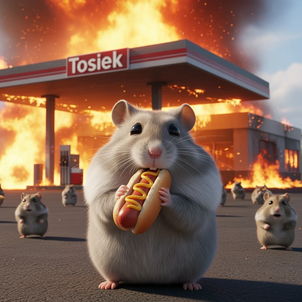 Cinematic still of A portrait of a fat hamster eating hotdog on gas station, gas station is in fire, other hamster fun away, sunny day, back light explosion , gas station named "Tosiek" (Realistic) emoji