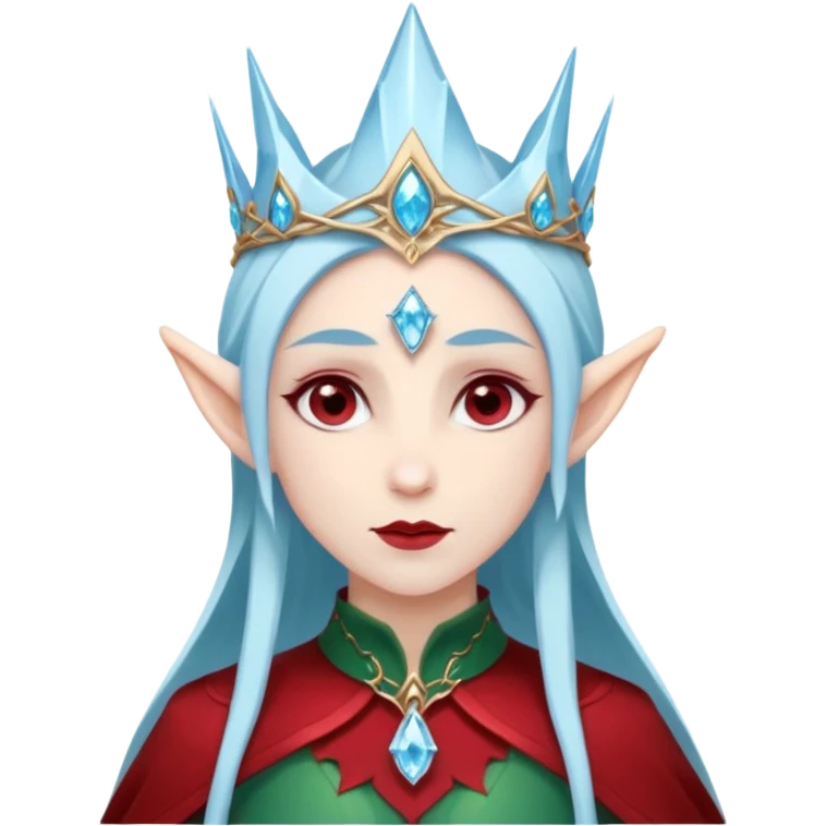 Fantasy elf portrait emoji, icy blue crystal crown with deep red accents, elegant elven features, cold noble winter expression, ice and crimson color palette, minimal clean design, flat readable emoji style, male/female variant emoji