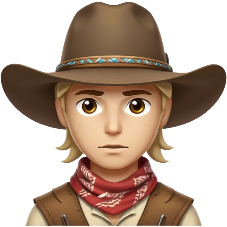 Clash of Clans aesthetic friendly Cowboy Portrait Emoji, With a rugged yet stylized build wearing a classic wide-brimmed hat and bandana, his face rendered in a natural skin tone (not yellow), determined eyes and a steely gaze, Simplified yet dynamic features, highly detailed, glowing with a warm, sunlit frontier radiance, high shine, brave and spirited, stylized with an air of Wild West heroism, focused and ready, soft glowing outline, capturing the essence of a fearless cowboy adventurer ready to ride into epic quests! emoji