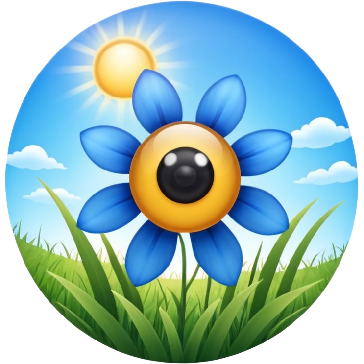 blue flower in a grassy area with a bright sun in the sky, fish eye lens effect emoji