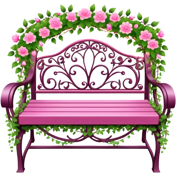 Pink garden bench wrapped in flower, vines, & lights  emoji