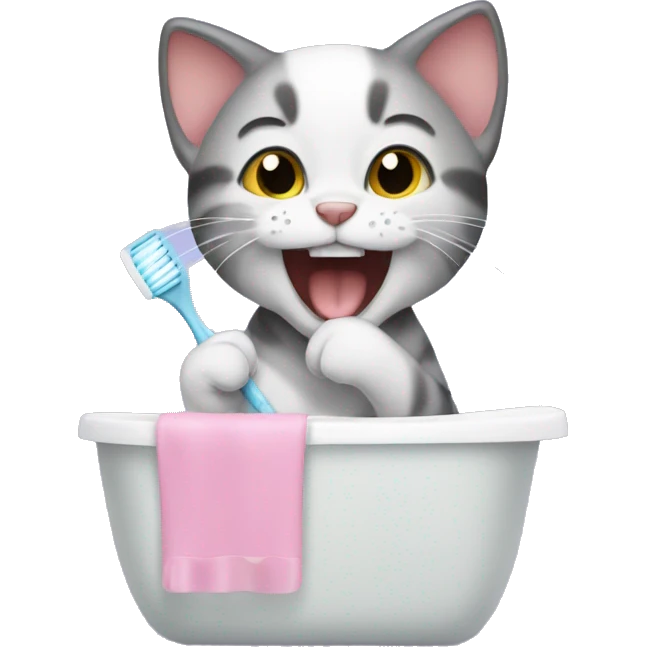 The kitten is brushing its teeth. emoji
