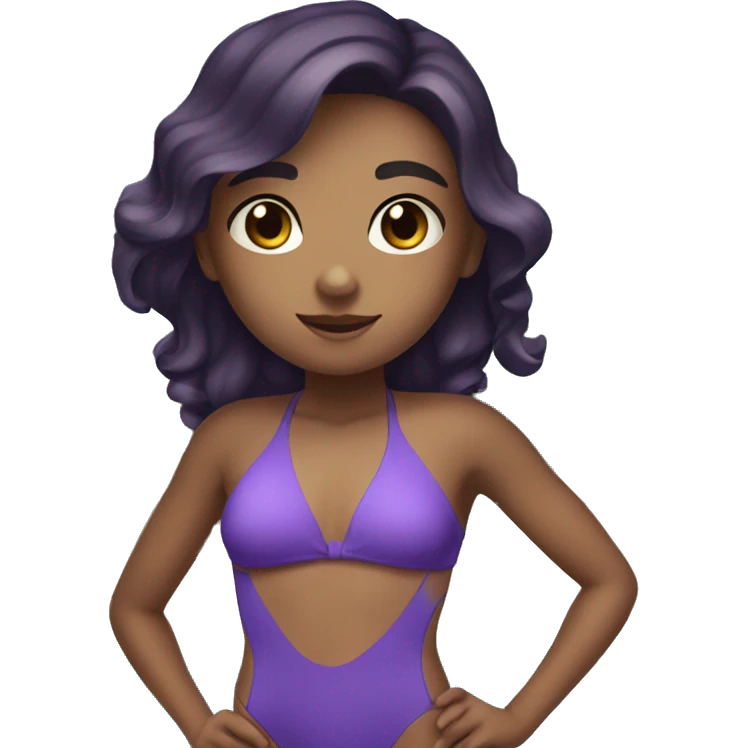 A girl in a swimsuit is standing by the pool with dark hair and brown eyes, her swimsuit is purple, she is a swimmer emoji