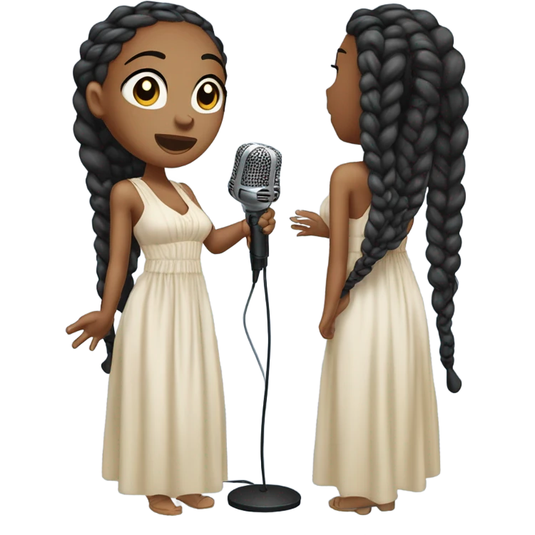attractive young black woman with her eyes closed with long box braids, flowy dress singing with a mic emoji