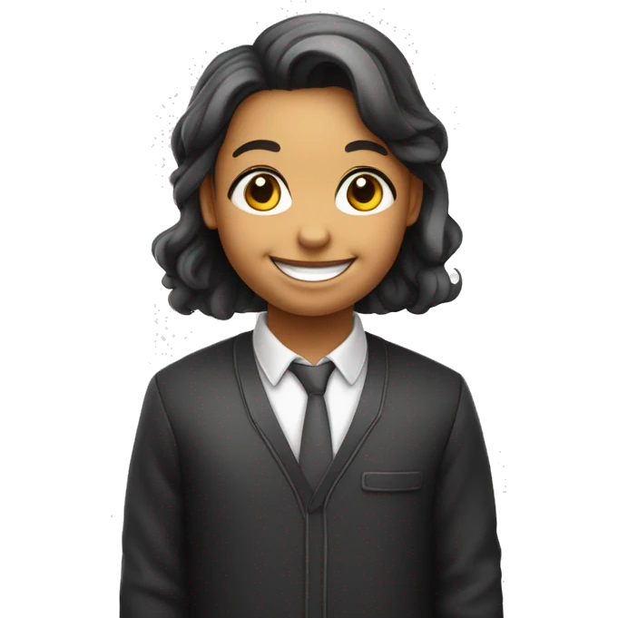 emoji en blanco y negro de una maestra de educación infantil joven con pelo largo sonrisa y ojos grandes y con una bata de clase emoji