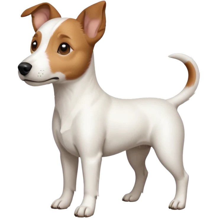 a full body white jack russel looking dog the size of a kelpie with light brown ears and a light brown patch on one eye, flopped down ears and a large snout emoji
