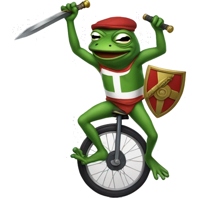 pepe the frog on a unicycle with a sword and shield emoji
