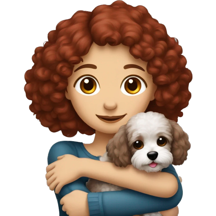 Dark-red-haired girl hugs  her Maltipoo-Black-dog emoji