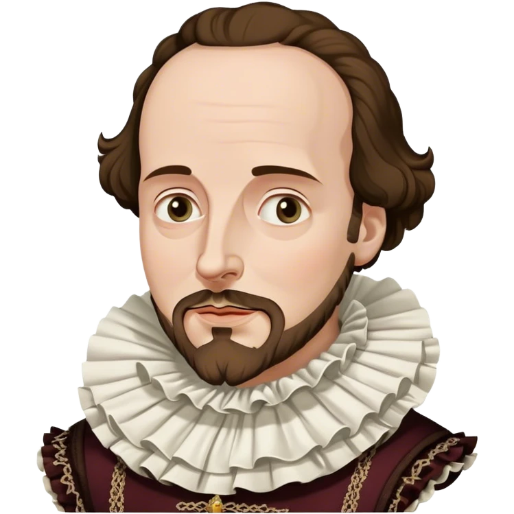 Cinematic Realistic portrait of William Shakespeare, depicted as an iconic playwright in richly detailed Elizabethan attire with a ruffled collar, expressive eyes, and a thoughtful gaze, bathed in dramatic historical lighting that evokes the Bard’s timeless legacy emoji