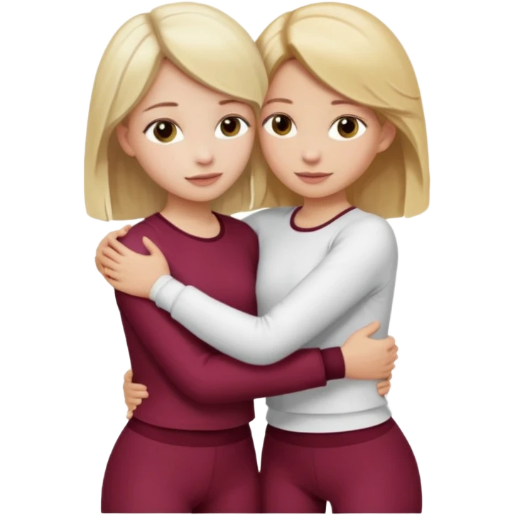 two girls who hug eachother. one has medium blonde hair with blonde highlights and very pale skin , other has medium skintone and blush and blonde hair. girl with medium blonde hair is wearing a white outfit and girl with blonde hair is wearing a burgundy outfit emoji