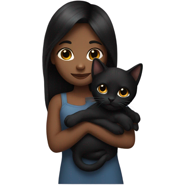 Girl holding black kitty. The girl has dark long hair and dark skin emoji