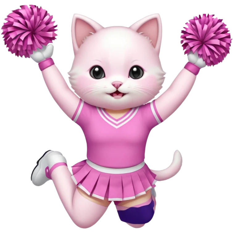 A cute chubby white kitten cheerleader in pastel uniform jumping in cheer pose. emoji