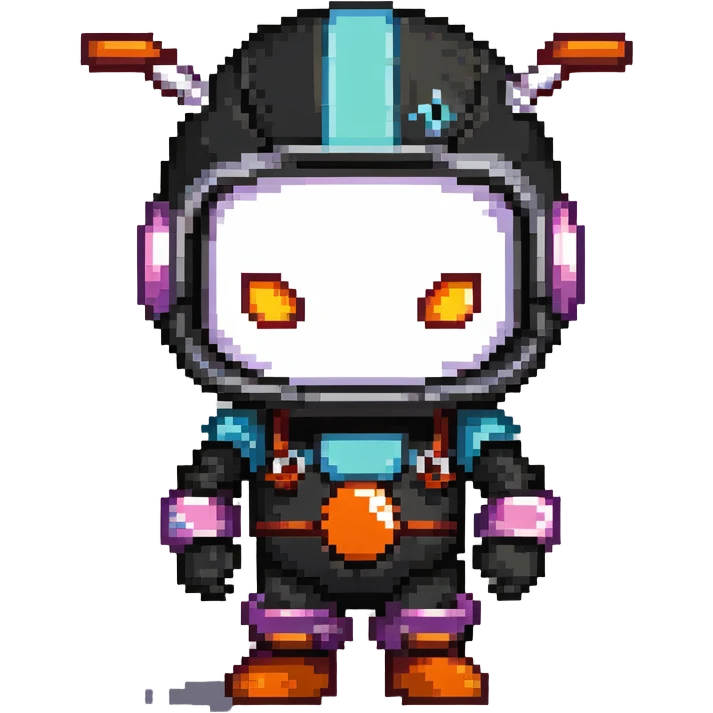 Black bomberman character, ninja-like design, sleek helmet with sharp antenna, mysterious appearance, cool pixel art style emoji