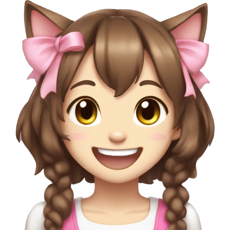 fursona brown hair cat girl with pink bow cute laughing anime emoji
