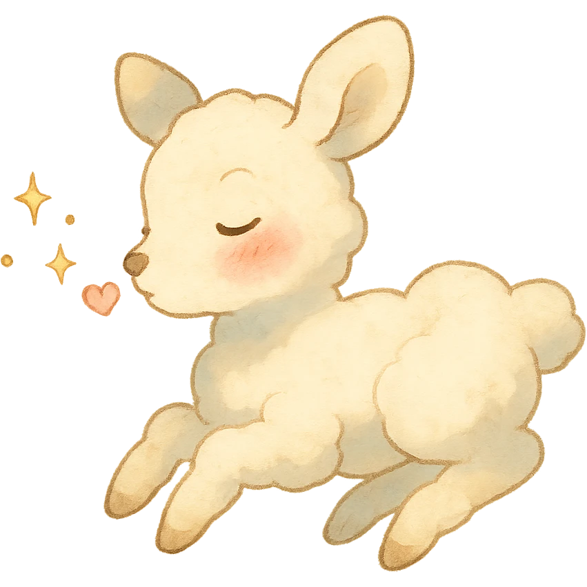 ghibli-inspired vanilla cloud doe, floating, with rosy cheeks, blowing a kiss with sparkles, soft and dreamy emoji