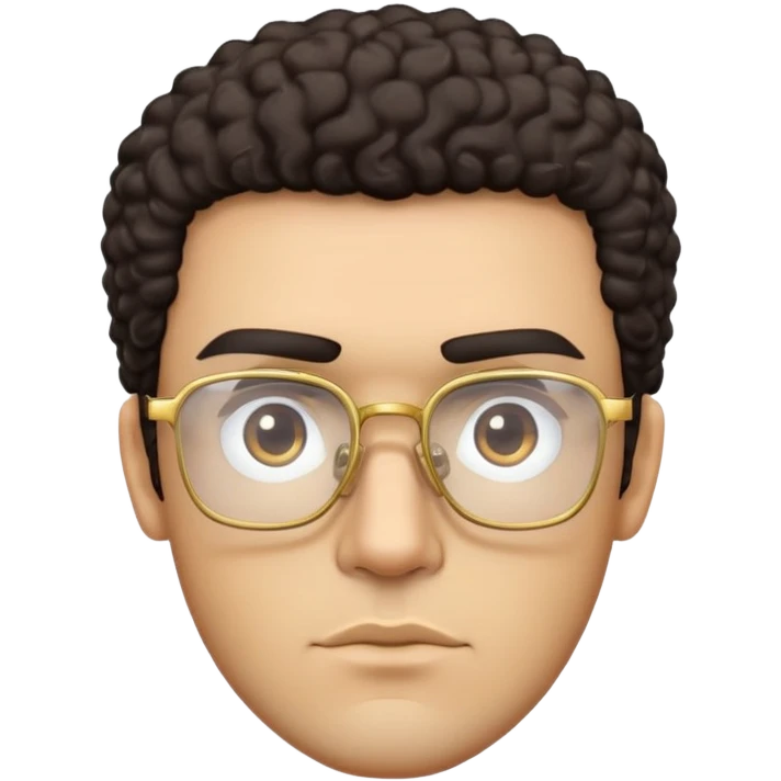 Man with angular square face, thick straight eyebrows, dark curly short hair, light stubble, neutral serious expression, wearing large square gold glasses emoji