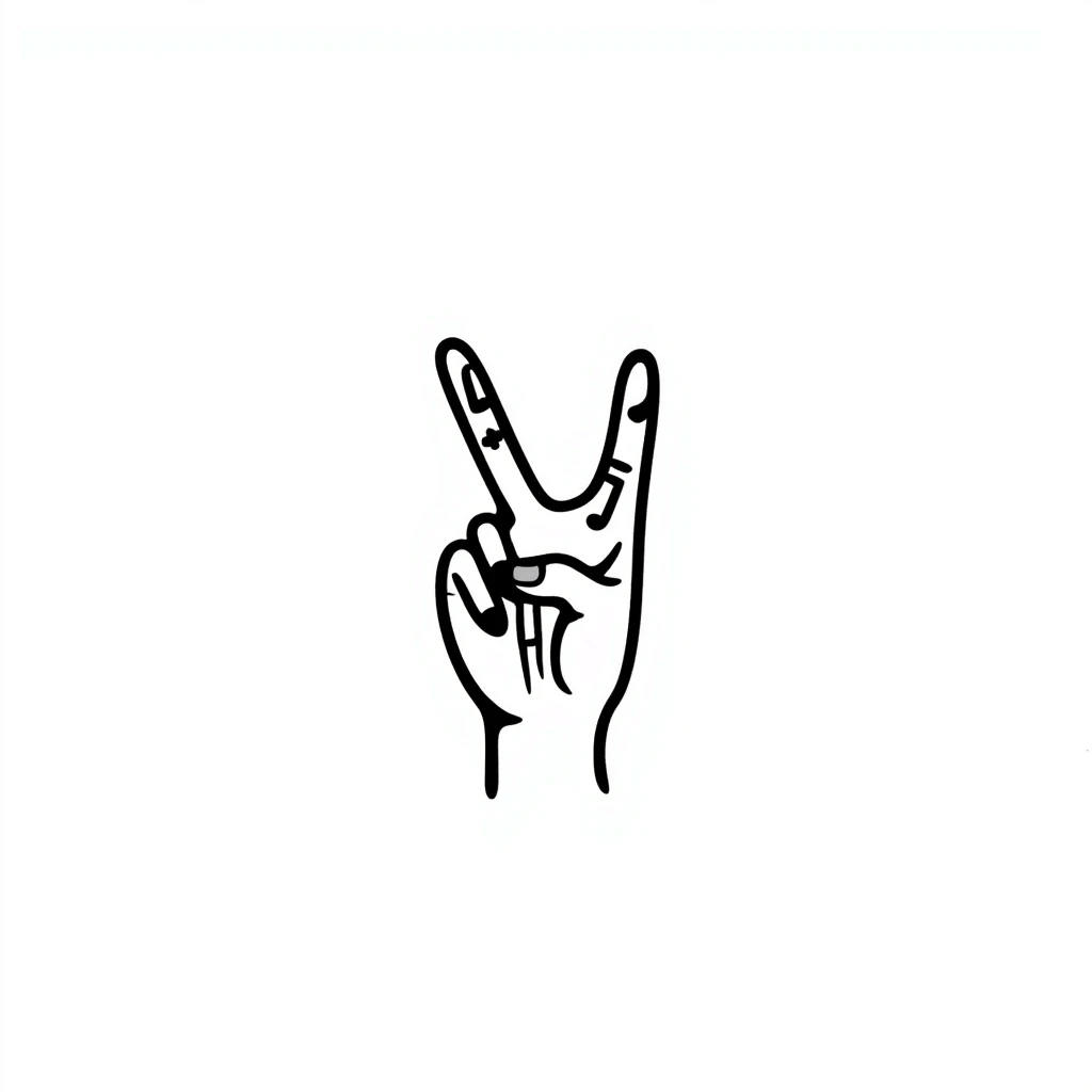 symmetrical hand making rock sign with musical details, stylized doodle style, square format, emoji style emoji