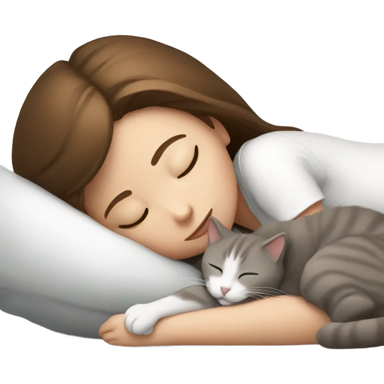 sleeping girl brown hair laying next to white and gray cat emoji