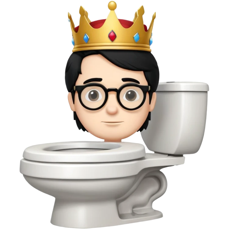 King Charles III with royal crown sitting on a toilet, wearing round glasses and black hair emoji