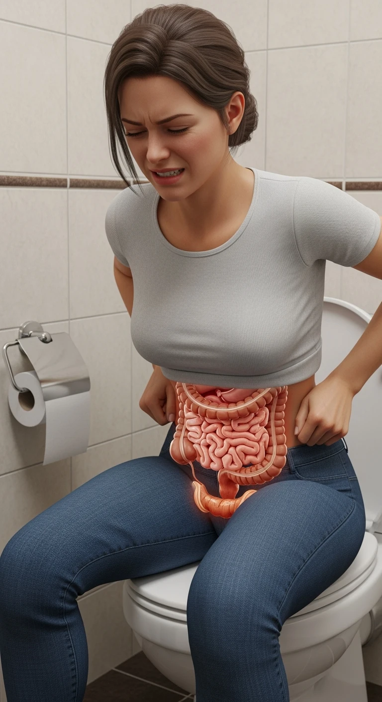 DONNA CON INTESTINO ANATOMICO REALISTICO seduta sul wc che si sforza, IPERREALISTICO 4K emoji