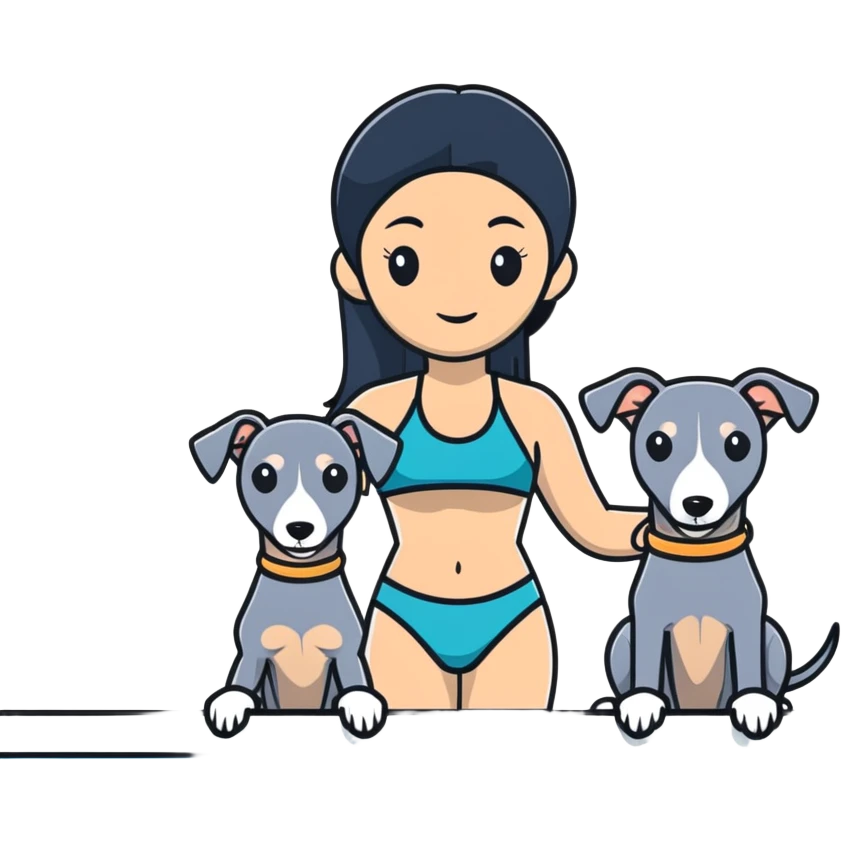 Very thin and slim Chinese woman with long black hair in pool attire at an indoor swimming pool with her Italian greyhound that is COMPLETELY solid dark grey with ABSOLUTELY ZERO white markings anywhere - 100% uniform dark grey color only emoji