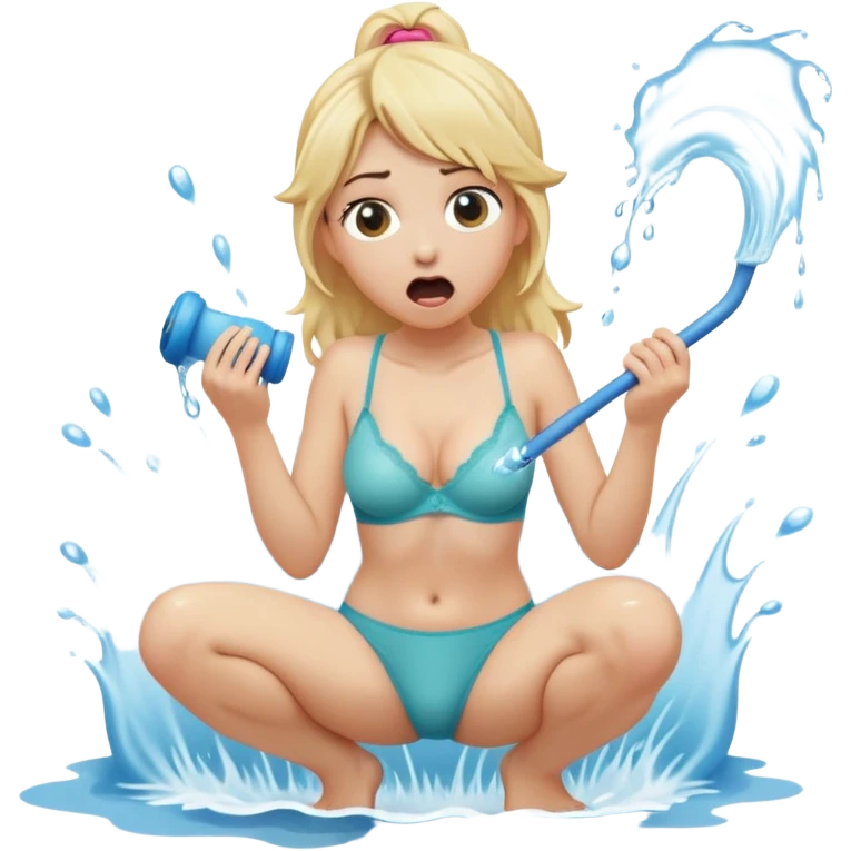 blond woman kneeling wearing underwear with surprised expression, a wide cartoonish stick with a D-shaped knob with playful exaggerated features coming out of a pair of pants hanging in front of her face, water stream squirting from the flat side of the knob into her open mouth emoji