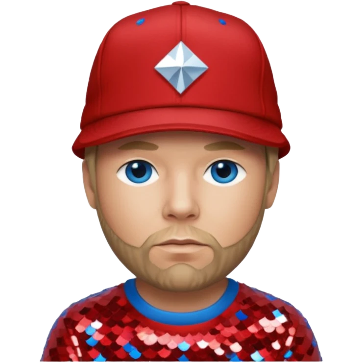 Fred Durst with dark blonde hair, red sequin shirt and hat, blue eye emoji