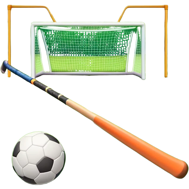 A field hockey stick and ball on a vibrant green grass field, with goalposts and clear field markings in the background. The scene emphasizes the bright, lush grass, highlighting the fast-paced and strategic nature of hockey on a well-maintained pitch. emoji