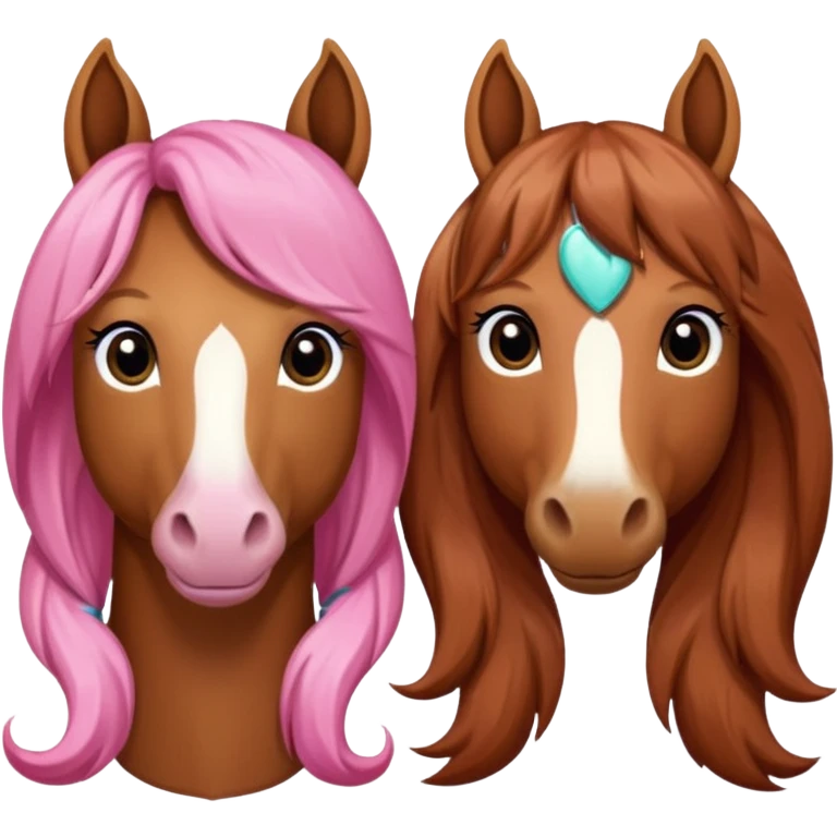 i want you to make a brown horse and a chestnut horse looking like best friends and having a pink bow on their maine next to ther ear emoji