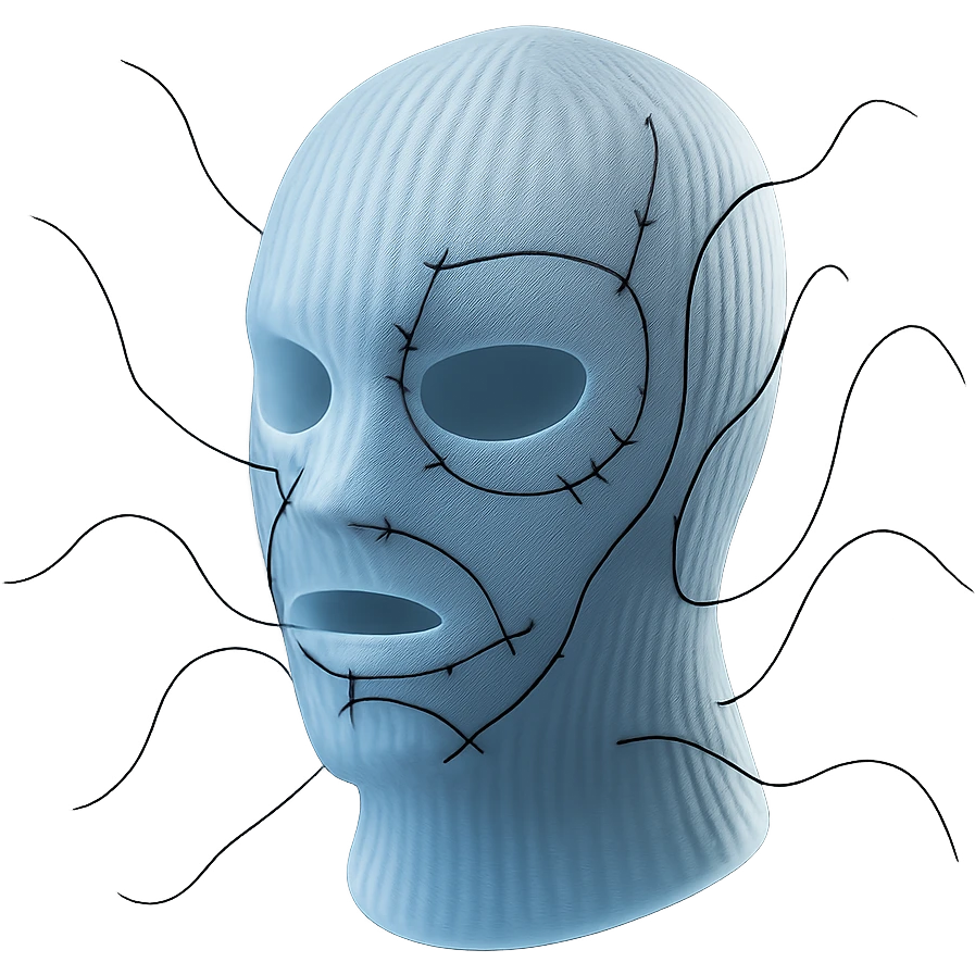The mask is a full-head, white knitted balaclava with a tight ribbed texture. It features two asymmetrical eye openings and a partially exposed mouth area. Black thread is stitched across the surface in chaotic, abstract lines that trace facial features, giving a hand-drawn effect. Several black cords extend outward from the mask, varying in length and direction, adding a sculptural, almost organic appearance. The overall look is bold, handcrafted, and visually striking. emoji