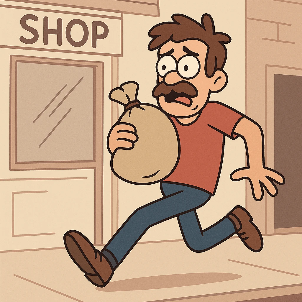 a man in casual clothes, no mask, escaping a shop with loot, worried face, cartoon style emoji