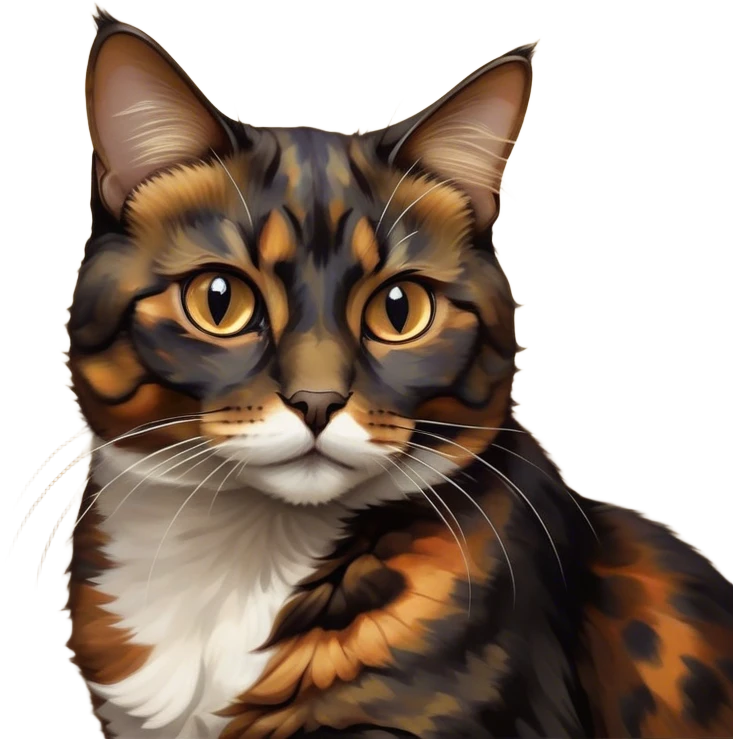 Cinematic Noble Tortoiseshell Cat Portrait Emoji, Poised and dignified, showcasing a luxurious, mottled fur of rich browns and blacks, with elegantly arched whiskers and a determined yet gentle expression, simplified yet meticulously detailed, glowing with a subtle, regal radiance, high shine, embodying quiet nobility and refined charm, soft glowing outline, capturing the essence of a sophisticated tortoiseshell cat exuding quiet authority! emoji