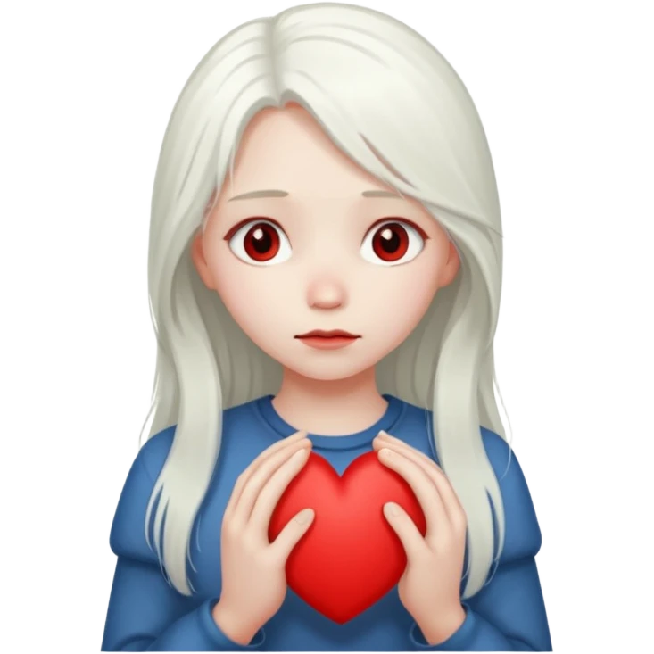 A girl with long white hair is sad and holds a red heart in her hands emoji