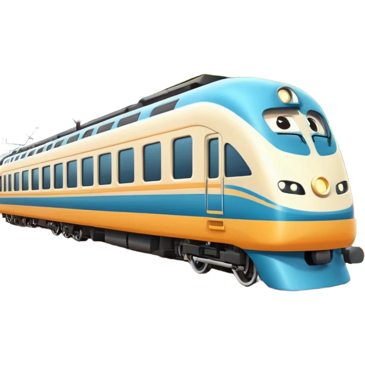 A 3D cartoon passenger train with windows and multiple cars, moving on railway tracks, bright daylight, Memoji-style. emoji