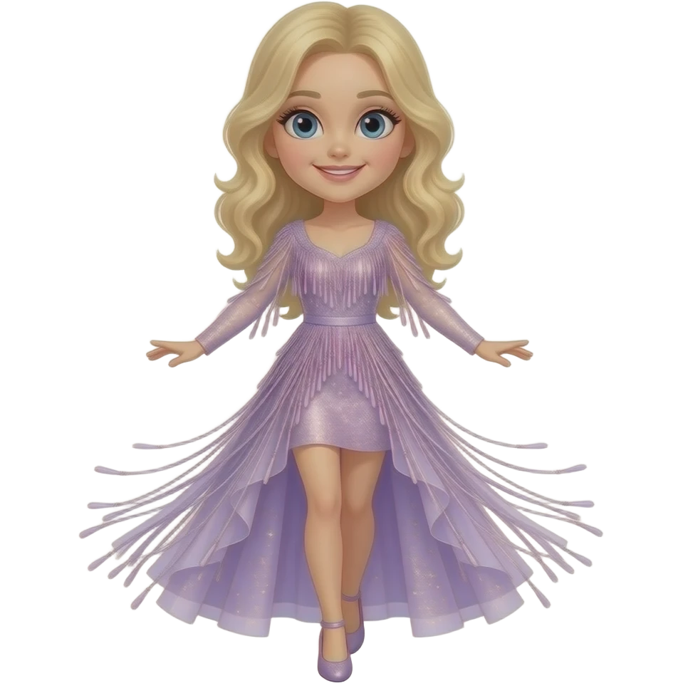Sabrina carpenter full body  blonde hair performing in a light purple sparkly dress with long strings emoji