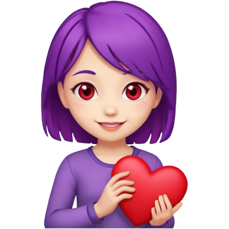 A chibi cartoon with purple hair red eyes holding a heart emoji