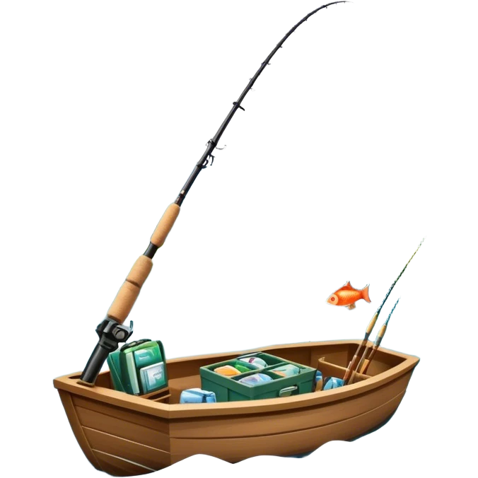 Icon for Fishing Travel: a boat on a calm lake surrounded by mountains and lush greenery, with fish jumping out of the water, a fishing rod, tackle box. The icon should capture the peaceful and adventurous nature of fishing trips. Transparent background. emoji