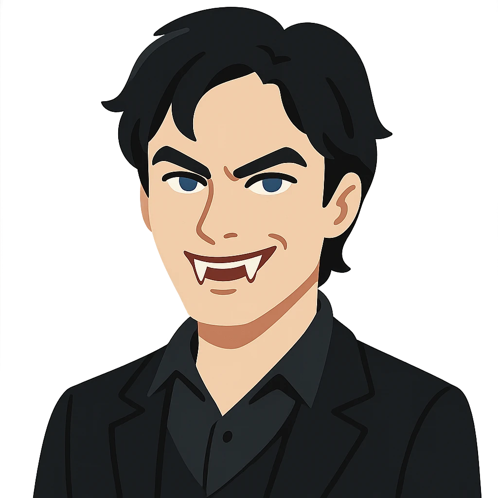 flat toon style Damon Salvatore as a vampire with dark hair, blue eyes, fangs, sly smile emoji