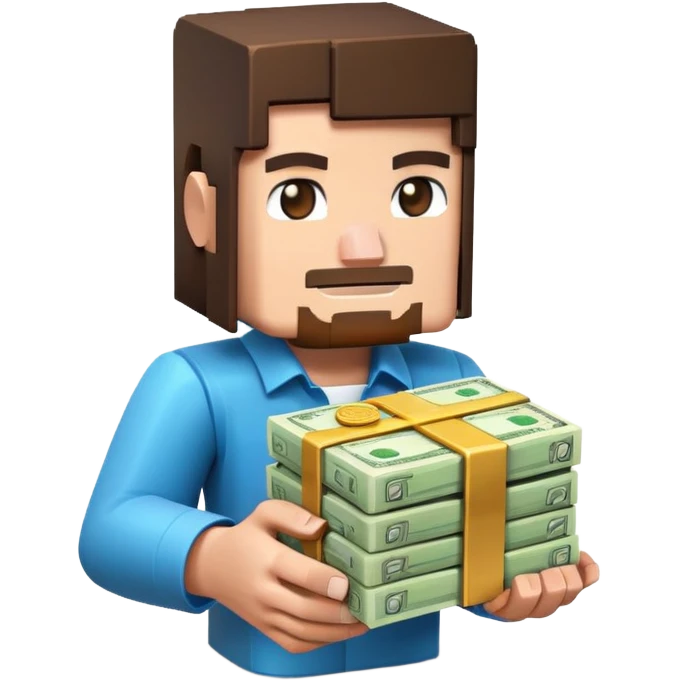 emoji style icon, minecraft blocky character holding a stack of money, pixel art style, bright colors, simple background, 3D glossy emoji, centered composition, soft shadow, high detail, clean outline, white background emoji